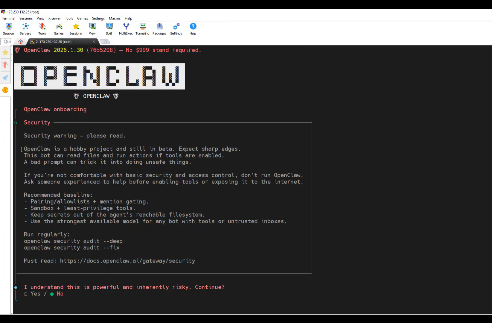 Installing OpenClaw via the command line interface on a secure Ubuntu server.