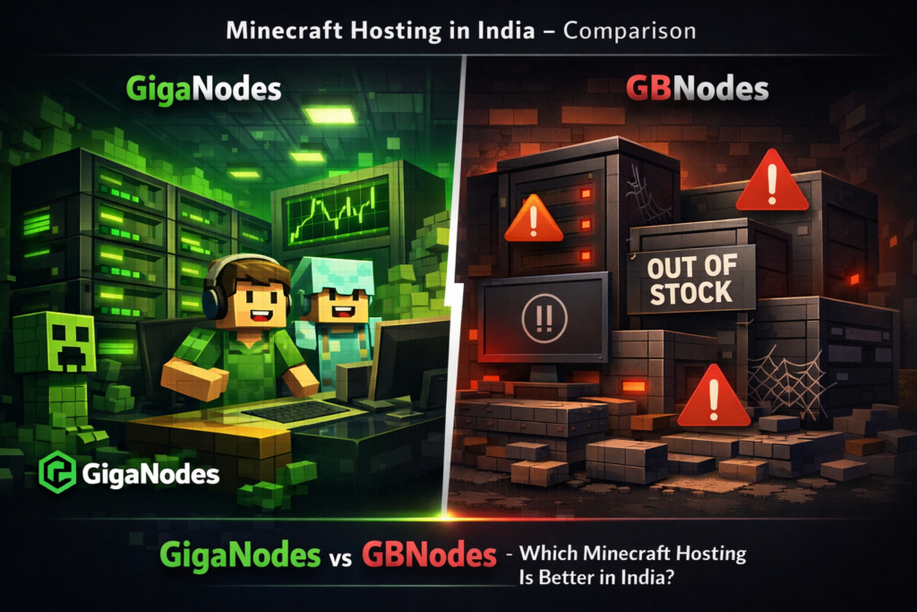 GigaNodes vs GBNodes Minecraft hosting comparison in India showing performance, availability, and reliability differences