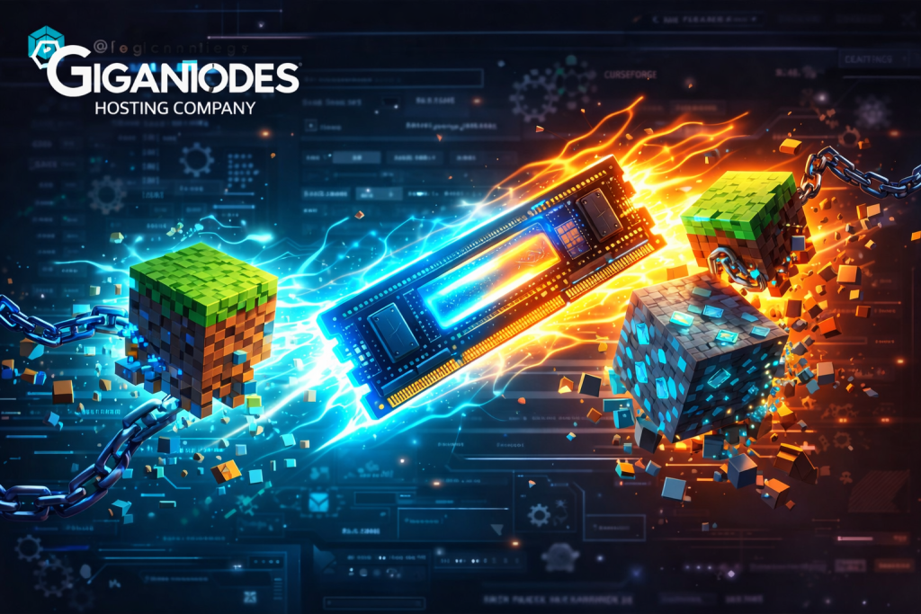 Feature image showing how to allocate more RAM to Minecraft in CurseForge with GigaNodes logo