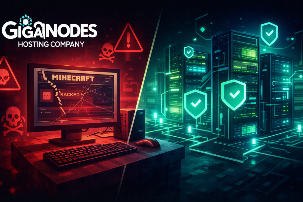 Comparison of official secure Minecraft block vs risky cracked block with malware warning, answering is cracked Minecraft illegal