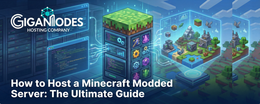 Futuristic server tower with Minecraft grass block top and holographic world featuring the GigaNodes logo, illustrating how to host a Minecraft modded server.