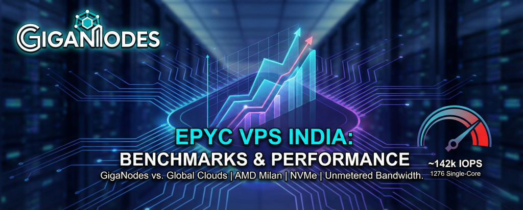 A promotional graphic for GigaNodes, titled "EPYC VPS INDIA: BENCHMARKS & PERFORMANCE," set against a glowing blue and purple circuit board pattern within a data center aisle. The image includes a holographic upward-trending graph, text stating "GigaNodes vs. Global Clouds | AMD Milan | NVMe | Unmetered Bandwidth," and a speedometer icon on the right showing "~142k IOPS" and "1276 Single-Core." The GigaNodes logo is in the top left corner.