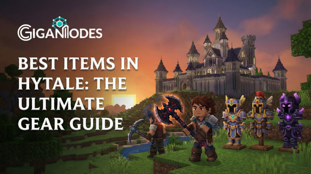 GigaNodes blog banner titled Best Items in Hytale, featuring legendary weapons and fantasy gear against a Hytale landscape with the GigaNodes logo.