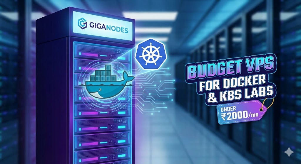Giganodes Budget VPS Server Rack with Docker and Kubernetes Logos - Best Budget VPS for Docker under ₹2000