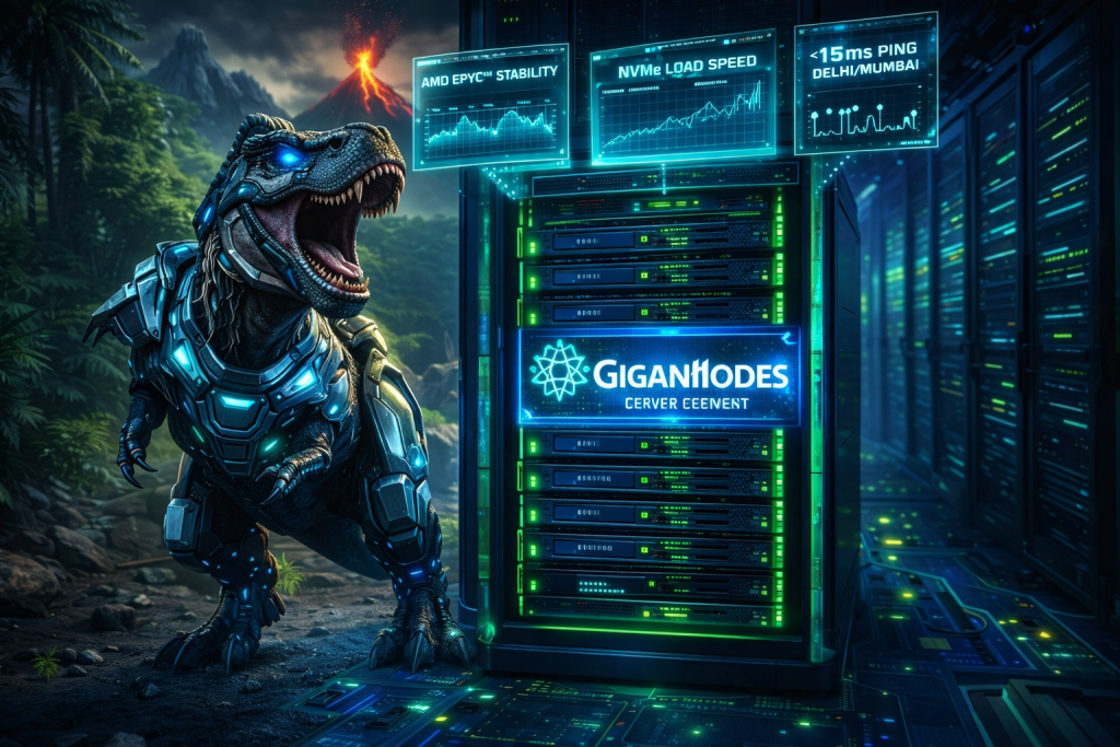 ARK server hosting India guide showing a TEK T-Rex next to a high-performance AMD EPYC server rack.