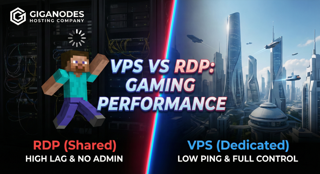 Feature image comparing VPS vs RDP gaming performance. Split screen design: Left shows a lagging Minecraft character on a shared RDP server with "High Lag & No Admin" text. Right shows a futuristic city representing a dedicated VPS with "Low Ping & Full Control". GigaNodes Hosting Company logo is visible in the top left corner.