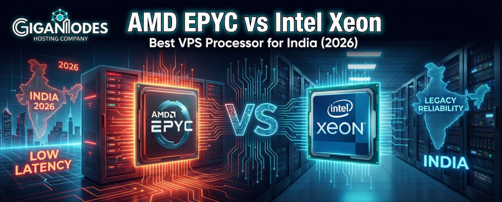 A split-screen feature image for the GigaNodes blog titled "AMD EPYC vs Intel Xeon: Best VPS Processor for India (2026)". The left side, in red and orange, shows an AMD EPYC processor against a futuristic Indian cityscape, highlighting "LOW LATENCY". The right side, in blue, shows an Intel Xeon processor with a similar Indian map, noting "LEGACY RELIABILITY". The GigaNodes logo is in the top left corner.