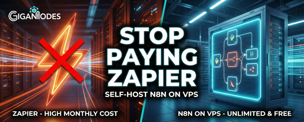 Stop Paying Zapier: Switch to Self-Hosted n8n on GigaNodes VPS. A comparison showing expensive Zapier costs vs free unlimited automation on a GigaNodes server.