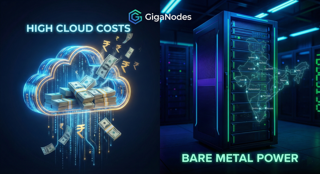 AWS vs bare metal India cost comparison showing expensive cloud computing next to a powerful dedicated server.