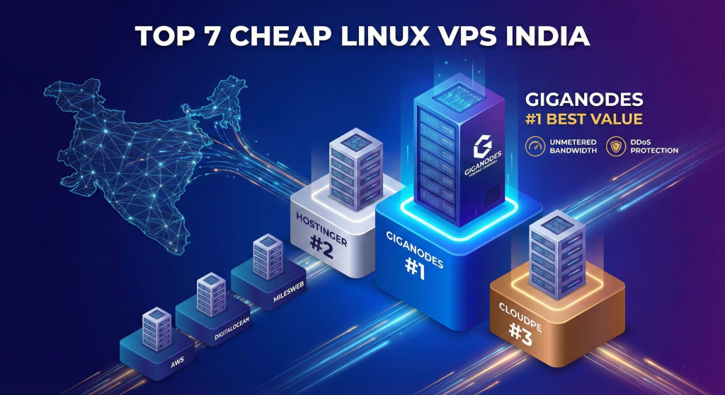 Feature image for Top 7 Cheap Linux VPS India comparison. 3D podium graphic showing GigaNodes server ranking #1 for Best Value with Unmetered Bandwidth, beating Hostinger (#2) and CloudPe (#3). Map of India in background illustrating local low-latency hosting.