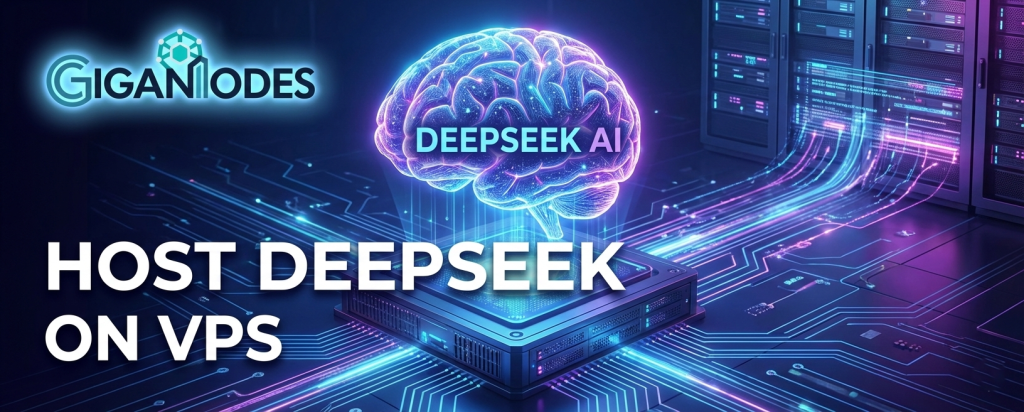 A futuristic feature image for GigaNodes illustrating how to host DeepSeek on VPS, showing a glowing AI brain over server rack hardware in a data center.