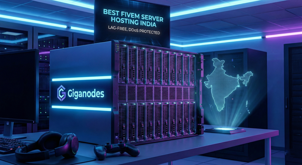 Best FiveM Server Hosting India feature image showing GigaNodes Mumbai server with DDoS protection shield and low ping indicator.