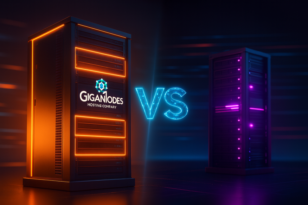 Split screen 3D render comparing a high-performance orange GigaNodes AMD EPYC server with a budget purple server, illustrating the GigaNodes vs Hostinger VPS India comparison.